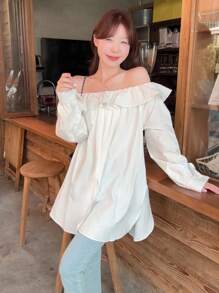 DAZY Damen Off-Shoulder Rüschen Lässig Einfarbig Frisch Koreanischer Stil Langarm Bluse, Herbstmode für Frauen - Weiss - Übersicht 7