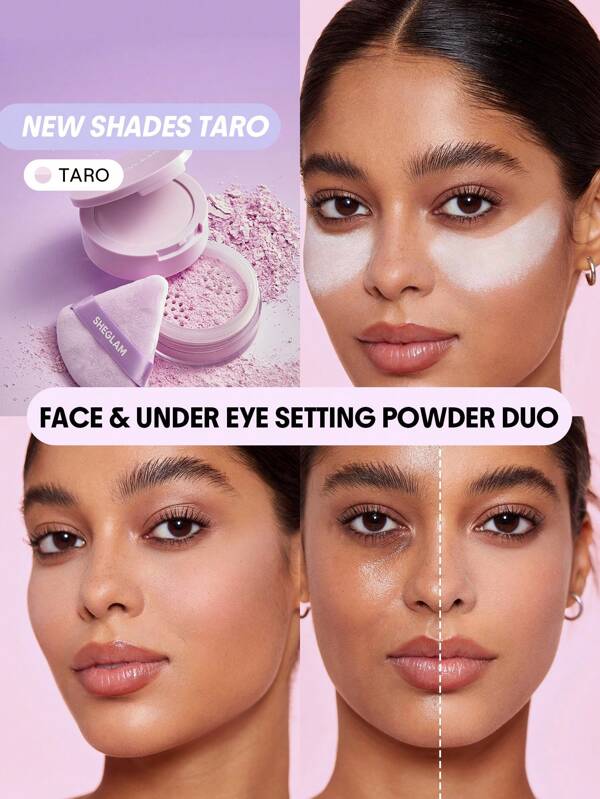 SHEGLAM بودرة تثبيت الوجه وتحت العين Insta-Ready Duo-Taro Oil-Control Poreless Flawless Full Coverage Lightweight Pressed Powder Loose Setting Powder أرجوانية مشرقة وناعمة لتثبيت المكياج على الوجه حفل التخرج عيد ميلاد عطلة صيف خريف واي تو كيه أنيق أزياء نساء مكياج مستحضرات تجميل حفلة شاطئ سفر تخييم في الهواء الطلق مدرسة حرم جامعي رحلة مهرجانات ديكور هدية هدية وردة فتاة تنكر أفضل لون سحر أجواء