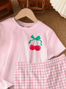 SHEIN Leap Crew 2pcs Cute Pink Butterfly & Cherry Print, Plaid Pattern, Chill Chill Summer, Tween Girl Casual Minimalist Short Sleeve Top And Shorts Set, Suitable For Summer, Back To School, Y2K, Summer Getaway, Vacay Vibes, Summer Holiday Cherry Two Piece Set For Girl Girls Cherry Shirt Cherry Kids Outfit Short Sleeve Sets Girl Summer Pink Gingham Cherry Shorts - Multicolor - View 4