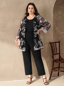 Chikora Conjunto de 3 piezas de talla grande: cárdigan de malla bordada floral elegante, top de tirantes y pantalones - Negro - Ver 2