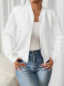 SHEIN Frenchy Áo khoác bóng chày thường ngày tay dài có khóa kéo màu trơn dành cho nữ vào mùa thu/đông - trắng - Xem 1