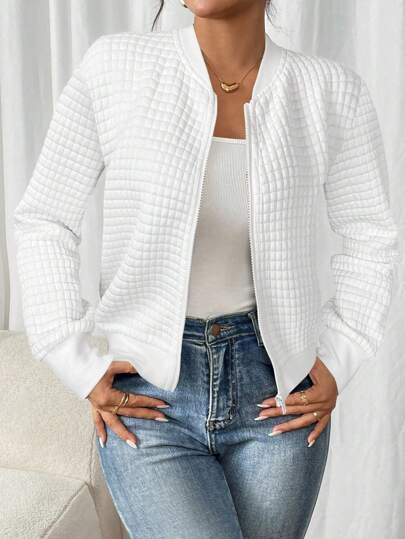 SHEIN Frenchy Women's Solid Color Long Sleeve Zip-Up Collar Casual Baseball Jacket In Fall/Winter White White Spring