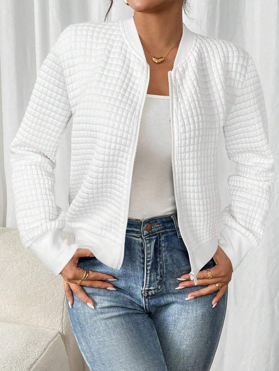 SHEIN Frenchy Áo khoác bóng chày thường ngày tay dài có khóa kéo màu trơn dành cho nữ vào mùa thu/đông - trắng - Xem 1