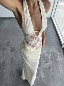 Aloruh Đầm Maxi Nàng Tiên Cá Hở Lưng Khoét Hở Ren Chắp Vá Mới Gợi Cảm - Màu be - Xem 3