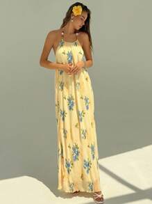 Aloruh Vestido largo con estampado floral, cuello profundo en V con volantes y espalda descubierta para playa para mujer - Multicolor - Ver 4