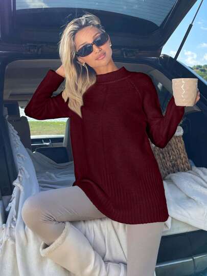 EURMUSE Women Solid Color Mock Neck Raglan Sleeves Sweater