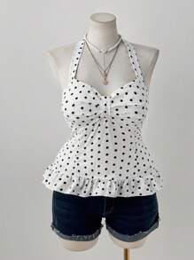 Sweetra Maiou de damă mărime mare, cu volane, decolteu halter, cu buline romantice, model polka dot - Multicolor - Vizualizare 1