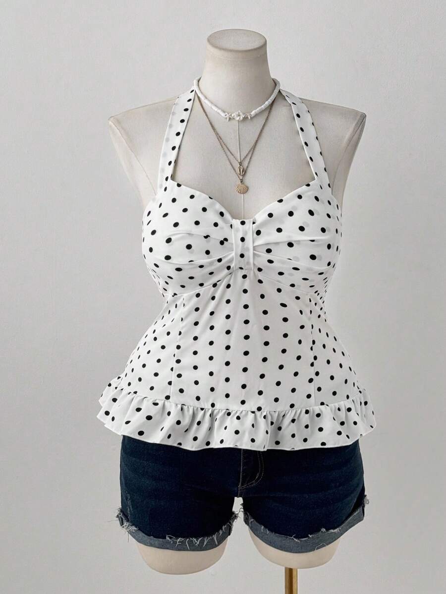 Sweetra Maiou de damă mărime mare, cu volane, decolteu halter, cu buline romantice, model polka dot - Multicolor - Vizualizare 1