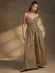 WESTFADE 春季府绸斜领蝴蝶结后背西部无袖可爱阔腿实用连体裤夏季海滩度假装 - 棕色 - 查看 1