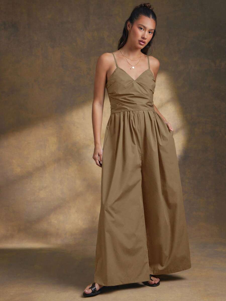 WESTFADE 春季府绸斜领蝴蝶结后背西部无袖可爱阔腿实用连体裤夏季海滩度假装 - 棕色 - 查看 1