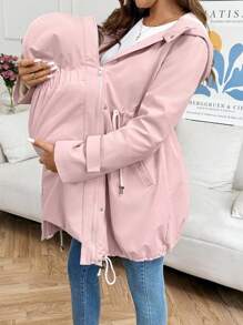 SHEIN Maternity Solid Color Zip-Up Hooded 3-In-1 Nursing Casual Coat,Fall,Winter - Pink - View 9