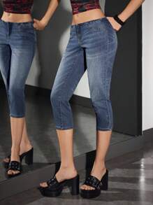 Jeanoix 女士休闲做旧斜插口袋猫须超低腰修身七分牛仔裤 - 藍色 - 查看 4