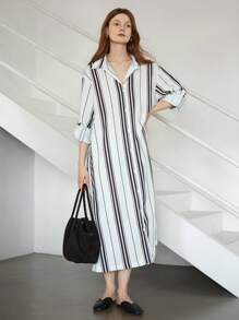 Dazy-Less Langarm gestreiftes Midikleid in lockerer Passform, Casual/Business Formelle Kleidung für Damen, Frühling/Sommer/Herbst