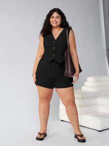 Solflare 2pcs/Set Plus Size Solid Color Sleeveless Vest And Shorts - Black - View 5