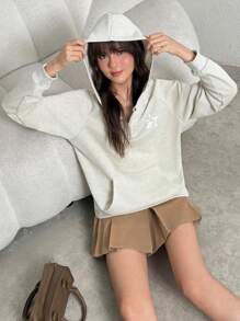 Streetcool Teen Girl Loose Casual Half-Zip Sweatshirt With Star Print,Lightweight Beige Autumn Holiday Back-To-School Sports Spring/Fall Winter - Light Grey - View 5