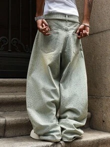 PAVTROS 复古男士水钻装饰图案牛仔裤 - 淺色水洗藍 - 查看 2