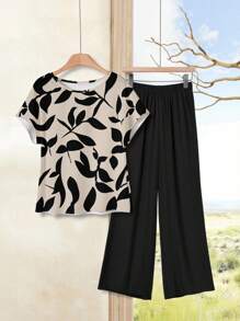 Rusticease 2pcs/Set Women Casual Leaf Pattern Fitted Spring & Summer Set Suitable For Going Out - Multicolor - View 4