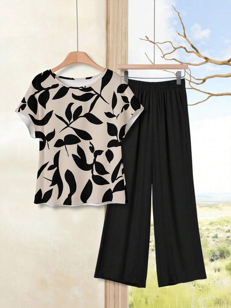 Rusticease 2pcs/Set Women Casual Leaf Pattern Fitted Spring & Summer Set Suitable For Going Out - Multicolor - View 4