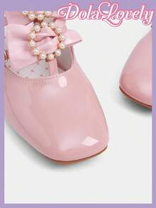 Dola Lovely 女士粉色粗跟方头可爱高跟鞋，蝴蝶结、仿珍珠、蕾丝装饰，浪漫礼物，适合派对、圣诞节、万圣节等场合 - 粉色 - 查看 9