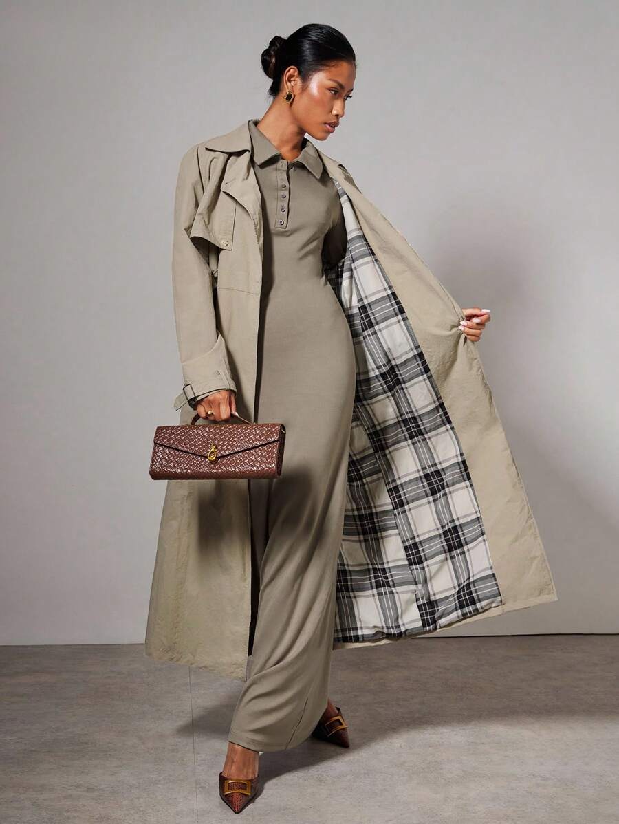 COSMINA Women's Solid Color Waist Pocket Casual Long Sleeve Trench Coat In Fall/Winter - Khaki - View 1