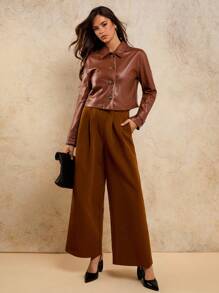COSMINA Áo khoác da PU cổ bẻ cài nút phía trước giản dị cổ điển cho nữ - Màu Khaki - Xem 4