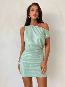 Aloruh 女士优雅派对鸡尾酒会舞会约会紧身连衣裙婚礼宾客鼠尾草绿色不对称肩部连衣裙绿色闪光迷你镂空背部吊带裙 - 綠色 - 查看 7