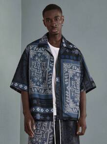 SUMWON Designer Bandana Print Short Sleeve Shirt And Shorts Set Casual Summer Beach Holiday Festival Wear Urban Street Style Matching Two-Piece Set - Navy Blue - View 3