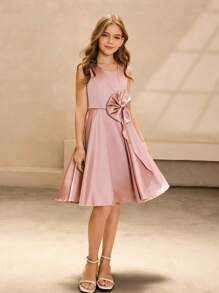Girls' Round Neck Sleeveless Bow Decor Elegant Dress, Suitable For Meetings, Gatherings, Weddings - Pink - View 5