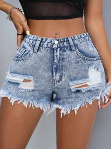 SHEIN ICON Plus Size Fashion Casual Summer Versatile Distressed Denim Shorts