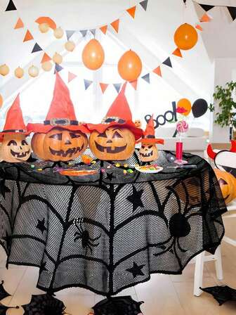 Goth 1pc Black Lace Halloween Table Runner ,Spider Web Decorative Tablecloth, Table Runner,Halloween Spider Web Decoration Fabric,Home Decor,Holiday Decorations