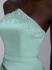 Elitara 优雅蓝绿色缎面不对称露肩高领水钻装饰高腰鱼尾连衣裙，侧高开衩，适合约会、生日派对、舞会、毕业典礼、婚礼、正式场合 - 霧霾藍 - 查看 8