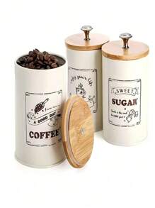 3pcs Bamboo Lid Sealed Coffee Sugar Tea Storage Jar Set 3-Piece Creative Sealed Moisture-Proof Kitchen Sealed Jar Back To School - Multicolor - View 4