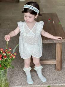 DAZY Baby Girl Burn-Out Embroidery V-Neck Flutter Sleeve Cute Bodysuit Toddler Girls Clothes - White - View 5