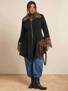 SHEIN LUNE Chaqueta de piel sintética con estampado de leopardo y parches en talla grande, abrigo con estampado de leopardo en talla grande, abrigo con estampado de guepardo en talla grande, abrigos en talla grande para mujer, abrigo de invierno en talla grande con estampado de leopardo, abrigo con estampado de leopardo para mujer en talla grande, abrigo de invierno con ribete de leopardo en negro, ropa de otoño e invierno, atuendos de oficina para mujer, ropa de fiesta de invierno, ropa de Halloween, ropa de Navidad, ropa de otoño