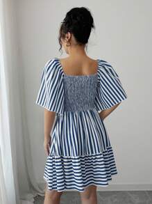Elenzga 新款春夏蓝白条纹短袖优雅休闲修腰中长连衣裙 - 藏蓝色 - 查看 2