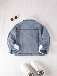 SHEIN Pre-Teen Boys' Vintage Blue Washed Relaxed Fit All-Match Denim Jacket With Faux Fur Collar & Lining, Simple & Fashionable Versatile Casual Outerwear Suitable For Autumn & Winter Fall - Medium Wash - View 2