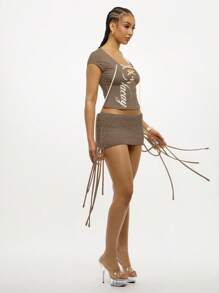 SUMWON WOMEN 系带短款上衣时尚短袖修身夏季节日短款上衣，前部采用紧身胸衣风格