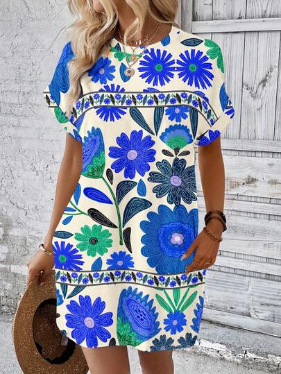 EMERY ROSE Casual Loose Summer Printed Short Sleeve Mini T-Shirt Dress For Women