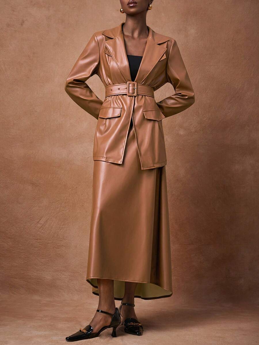 Zivah Traje de mujer de 2025 con chaqueta de solapa plana, cuello en V, manga larga, decoración con cinturón y falda a línea A con cintura elástica en color marrón, adecuado para ocasiones importantes, diarias y de citas. - Marrón - Ver 1