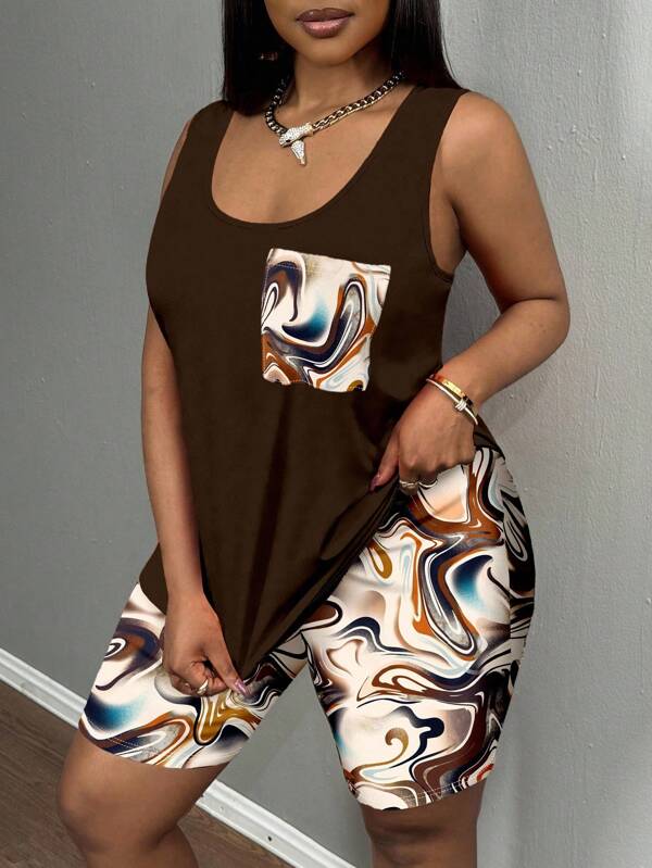 Slaydiva 2pcs/Set Plus Size Women Casual Minimalist Marble Print Pocket Vest And Shorts Set, Suitable For Summer