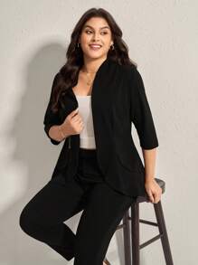 Comfylo LUNE 加大码女式纯色七分袖西装外套和裤子两件套办公室套装