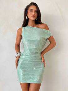 Aloruh 女士优雅派对鸡尾酒会舞会约会紧身连衣裙婚礼宾客鼠尾草绿色不对称肩部连衣裙绿色闪光迷你镂空背部吊带裙 - 綠色 - 查看 3