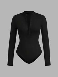 SHEIN EZwear 女式黑白2件套半扣拉鍊高領緊身休閒長袖連體衣 - 黑與白 - 查看 11