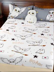HARRY POTTER X SHEIN 1pc Hedwig Flying Broomstick Print Bedsheet, Fits Twin/Full/Queen/King Size Beds, Soft & Breathable, Machine Washable - White - View 5