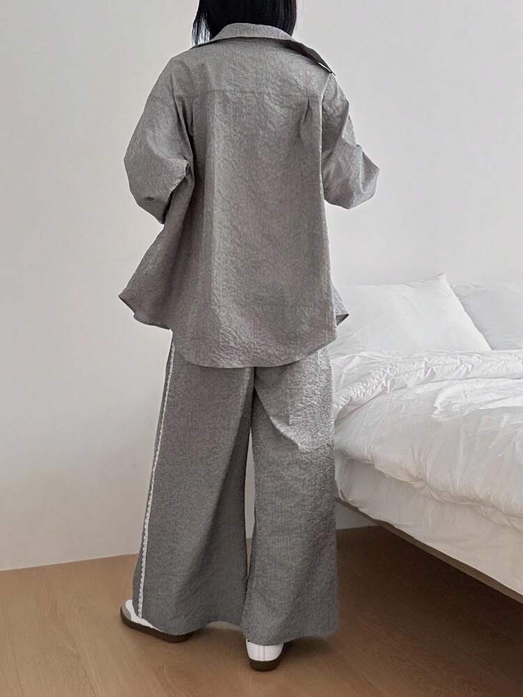 2pcs/Set Women Textured Lace Pocket Splice Loose Long Sleeve Shirt And Loose Pants Casual Urban Streetwear