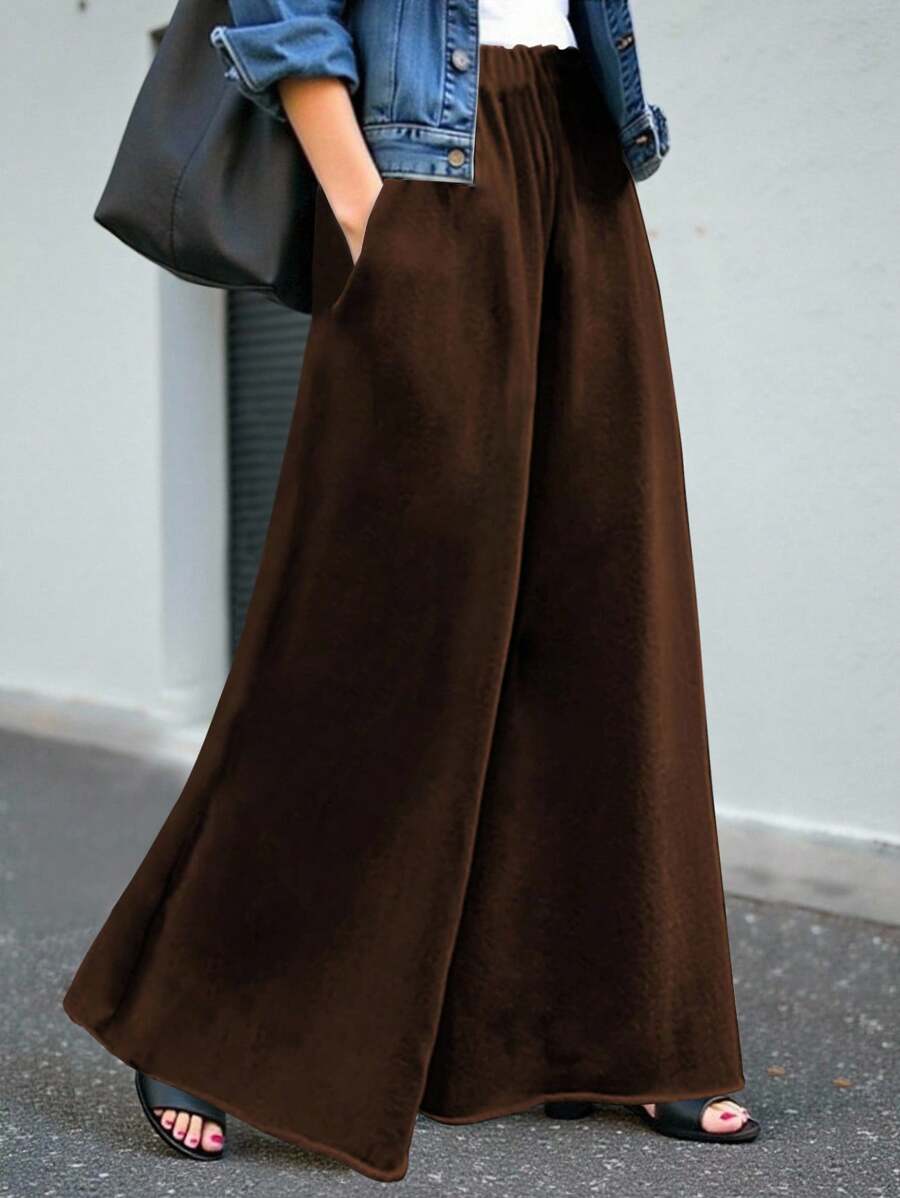 INAWLY Women Plain Color Casual Loose Fashion Wide Leg Pants Fall Cloth For Women - Coffee Brown - View 1