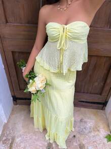 Lyxana Women's Tie Front Halter Top And Flowy Skirt Vacation Fashion Set - Yellow - View 8
