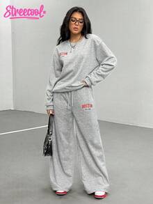 1 件宽松少女字母印花长袖运动衫和运动裤休闲套装，美式风格 - 灰色 - 查看 6