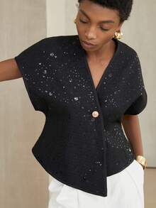 Aveloria Modichic Damen V-Ausschnitt Jacke aus paillettenbesetztem Tweed mit asymmetrischem Schnitt, leichte Blazerjacke - Schwarz - Übersicht 3