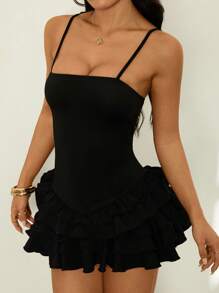 SHEIN PETITE Spaghetti Strap Plain Black Woven Mini Dress With Layered Hem Black Ruffle Dress - Black - View 1